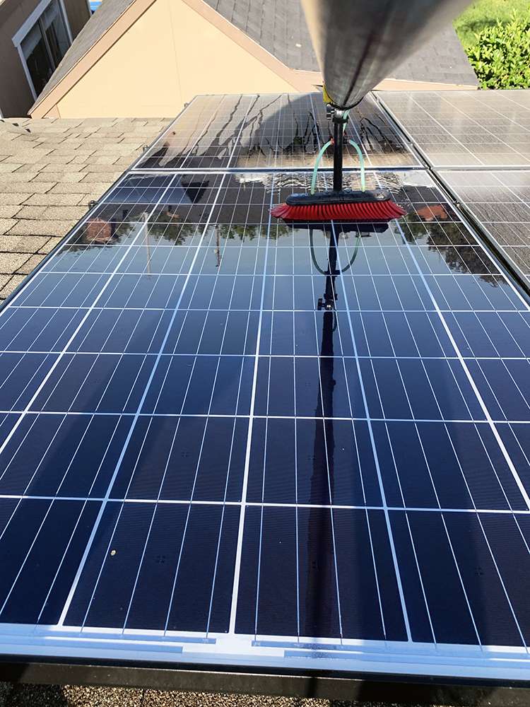 Technician cleaning rooftop solar panels with a soft brush