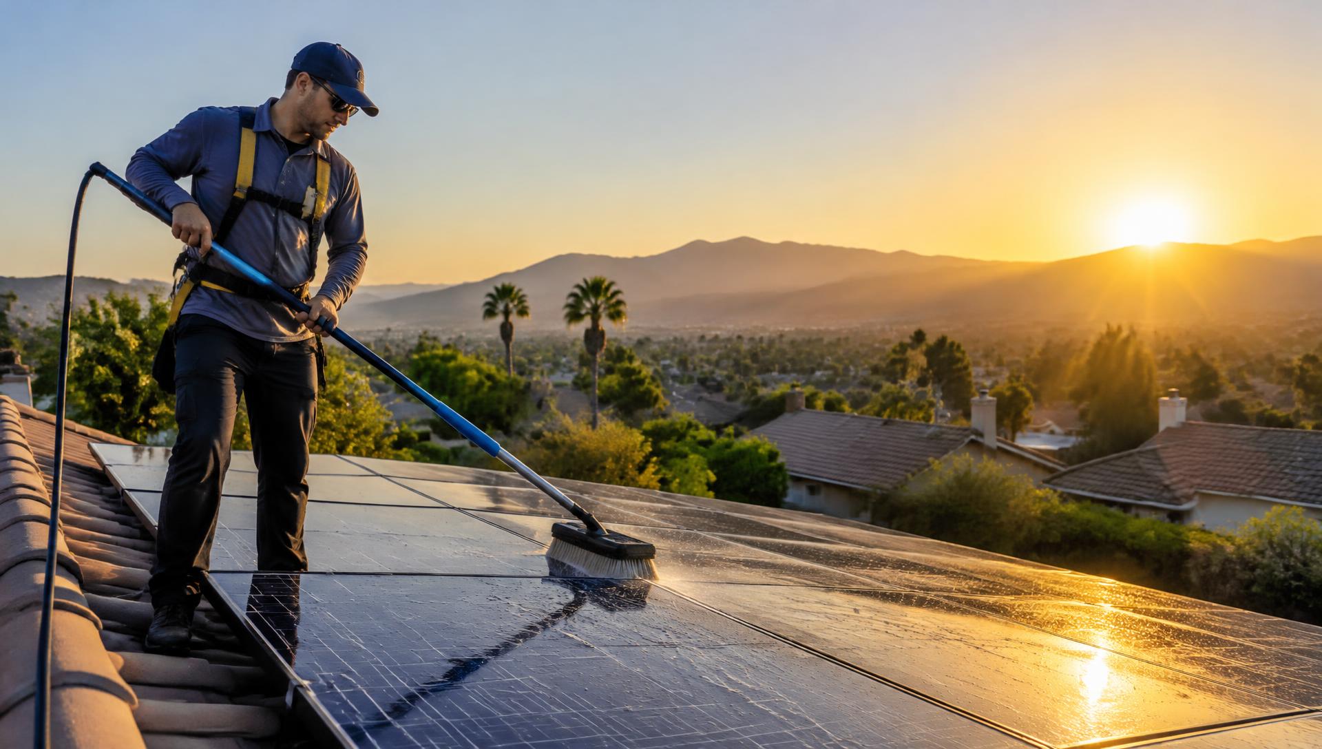Clean rooftop solar panels at sunset